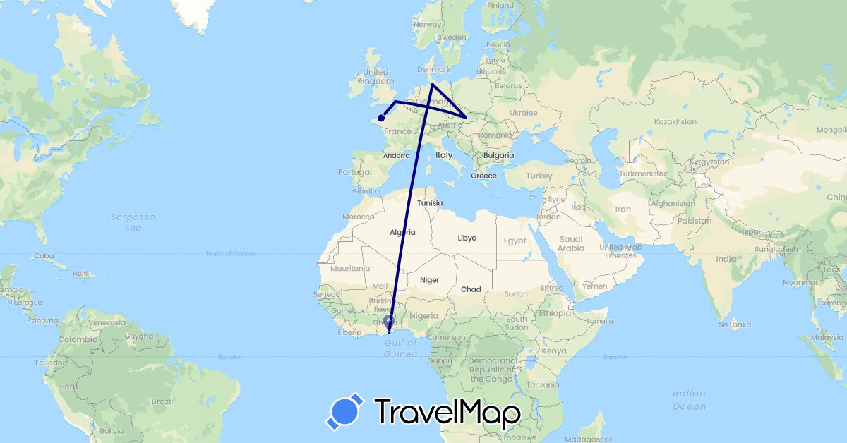 TravelMap itinerary: driving in Germany, France, United Kingdom, Ghana, Slovakia (Africa, Europe)